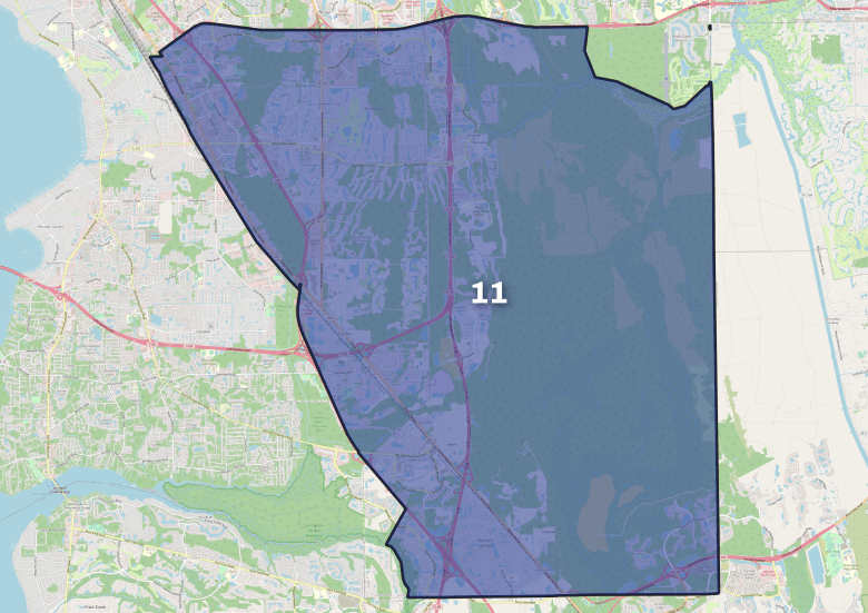 A map of City Council District 11 in Southeast Jacksonville.