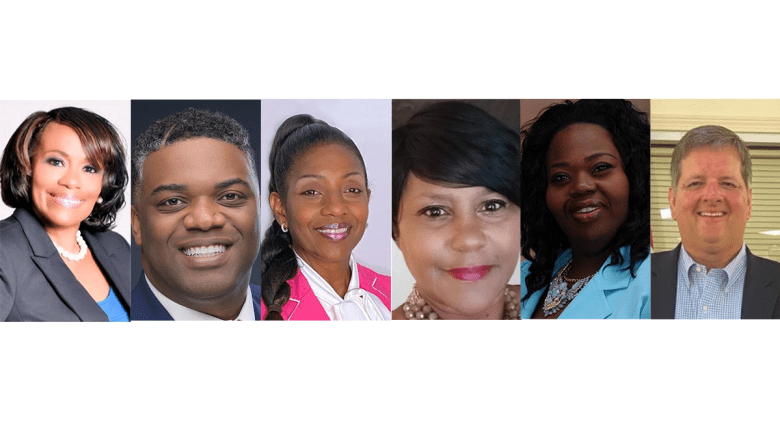 Headshots of Jacksonville City Council District 9 candidates (left to right) Celestine Mills, Kamren Stowers, Tyrona Clark-Murray, TaNita Noisette-Woods, Shanna Carter, Mike Muldoon. 