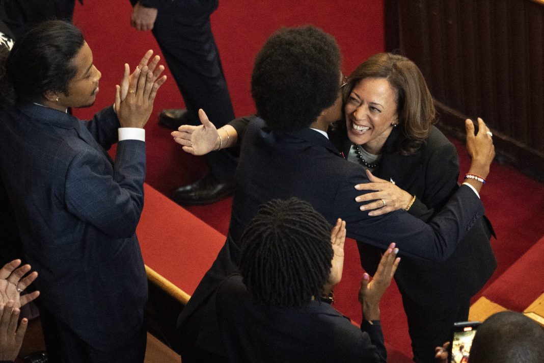 Vice President Kamala Harris stands with expelled representatives in Nashville