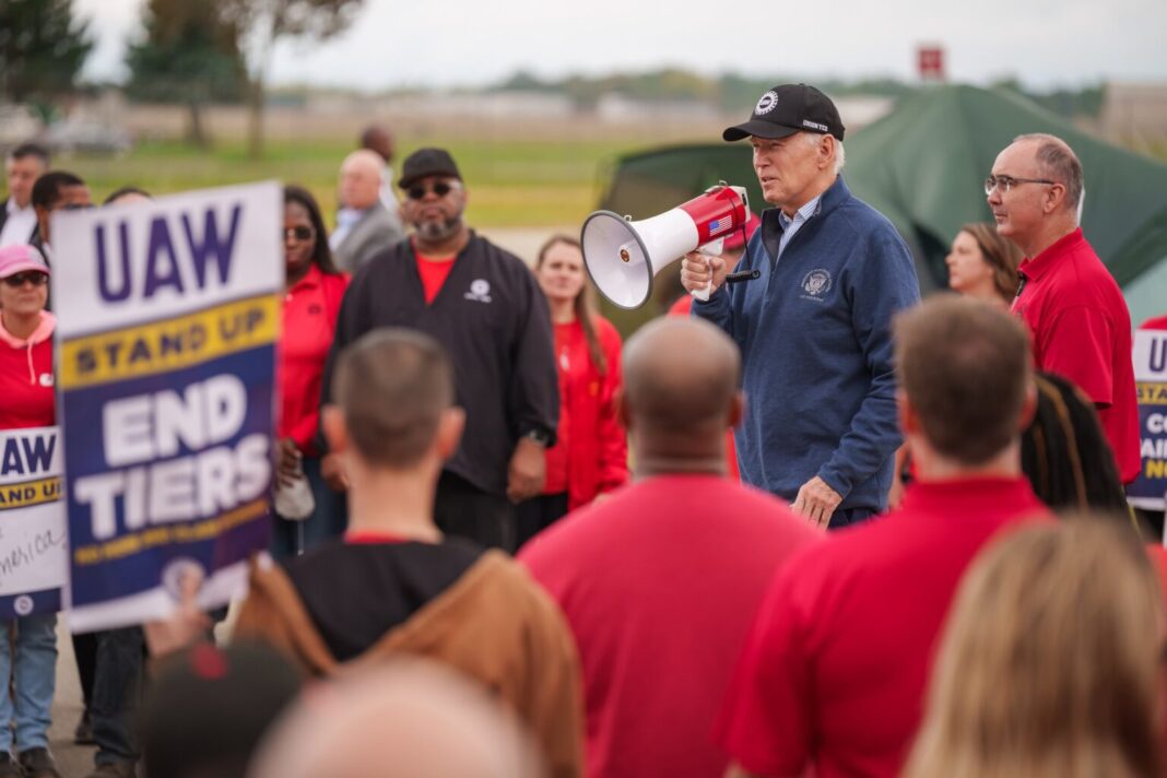 Biden makes historic visit to metro Detroit picket line to rally with striking auto workers