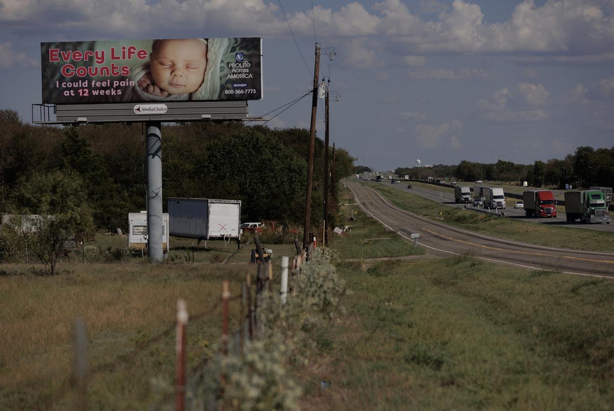 A pro-life billboard alongside the I-30 highway, the route Miranda Michel would have to take to go between New Boston and Dallas, on September 30, 2023.