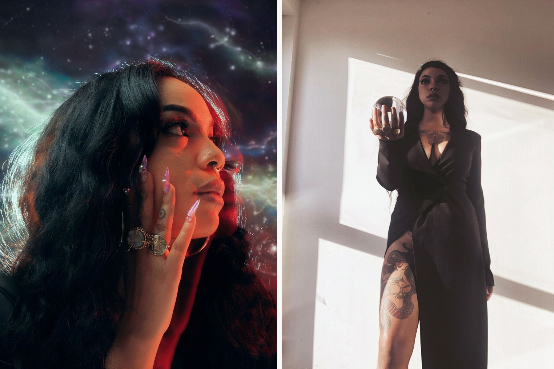 A diptych of Bri Luna, author of "Blood, Sex and Magic"