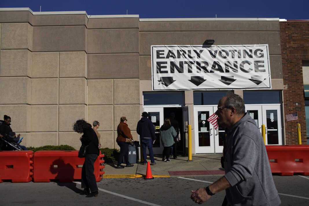 Residents line up to cast their ballots during early voting on November 3, 2023 in Columbus, Ohio.