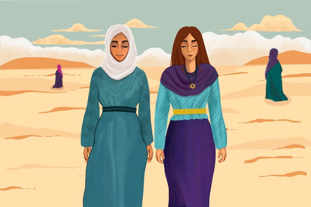 Two solemn, but strong women standing in a surreal environment that appears to be the desert. One wears a hijab and the other wears a star of David.
