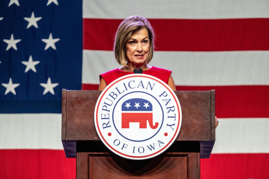 Iowa Governor Kim Reynolds speaks at the Republican Party of Iowa