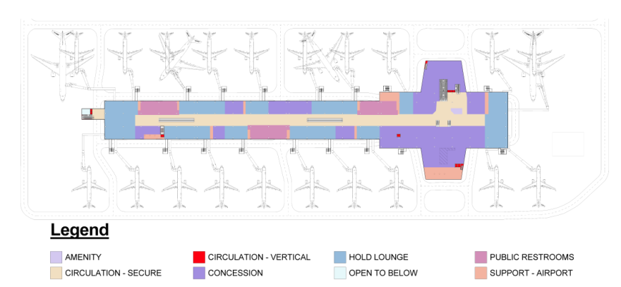 A closer-in overhead illustration of Concourse B showing 20 gates and 20 planes parked outside. A legend indicates what the various colors show like "public restrooms," "hold lounge," and "amenity." 