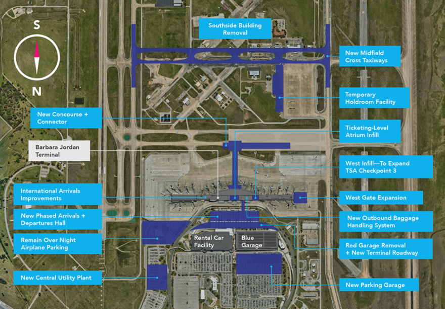 A map of ABIA showing various projects under the umbrella of the $4 billion expansion including a new concourse with a pedestrian tunnel, new midfield cross taxiways, a new outbound baggage handling system, a new central utility plant, and the removal of the Red Garage for a new terminal roadway. The existing layout with runways and taxiways is visible underneath the proposed development areas.
