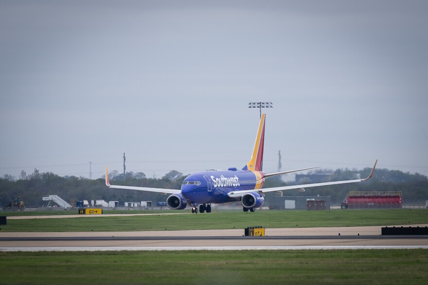 A Southwest Airlines plane taxis at Austin-Bergstrom International Airport on Nov. 13, 2023.