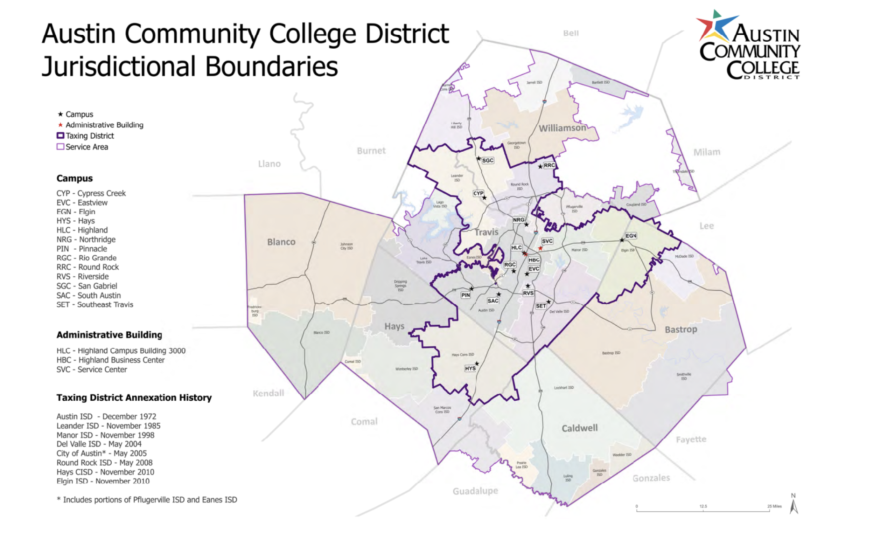 A map with faded colors shows Central Texas counties that are within the Austin Community College service area. A dark purple line indicates the boundaries for the ACC taxing district. 