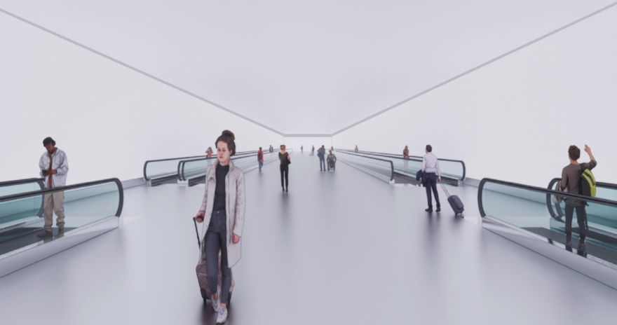 A sparse illustration showing people walking through a tunnel. Moving walkways are on either side. The walls and ceiling are barren and white, and the floor gray as this is a barebones example of what the tunnel could look like. 