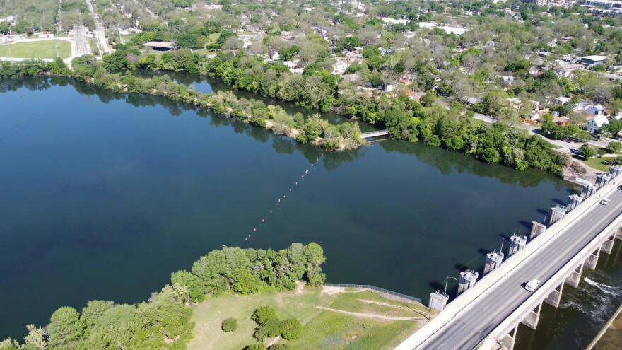 An aerial view showing the area over Lady Bird Lake where the wishbone bridge will be installed. 