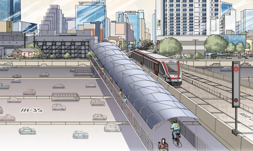 A drawing of the inersection of 4th Street and I-35 in downtown Austin. A cyclist is biking over a covered pedestrian bridge passing over multiple freeway lanes. A CapMetro Red Line train is traveling along a rail bridge next to the cyclist. In the background, the city skyline has various high-rise buildings.