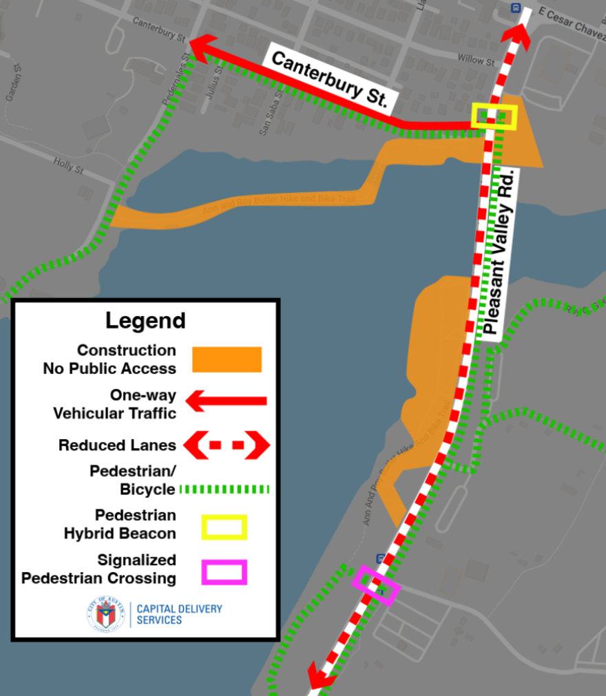 A map showing a detour of the Butler Trail and reduced lanes on Pleasant Valley Road. Canterbury St. is one-way eastbound. Pedestrian and bicycle paths are marked with green dashed lines, detouring around orange construction zones. 