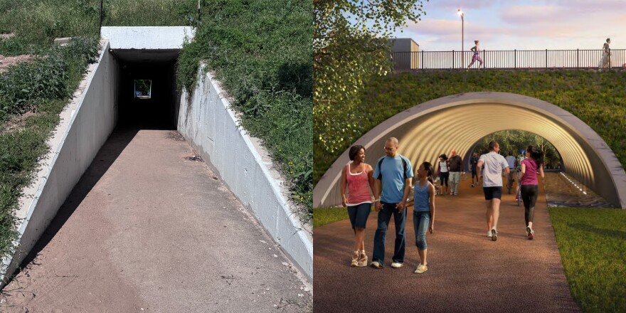 A before and after image of the pedestrian tunnel that goes under Pleasant Valley Road. The image on the left is a rectangular-shaped tunnel with a 6-foot-wide sidewalk and a ceiling about 7 feet tall. The illustration on the right shows a 16-foot-wide pedestrian tunnel with a ceiling more than 10 feet tall. Lighting from the ground illuminates the arched ceiling of the tunnel. 